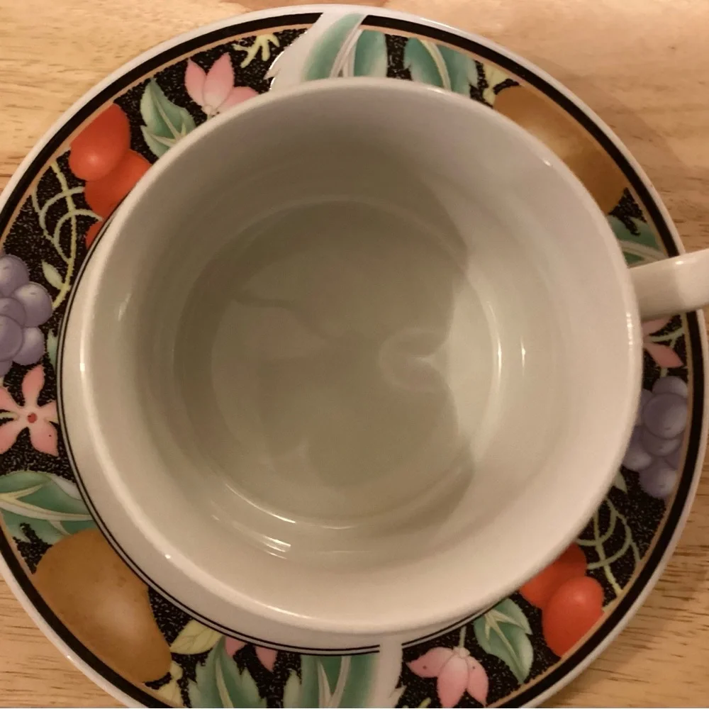 Vintage Lynn’s Stoneware Vibrant Fruit and Floral Cup & Saucer Set